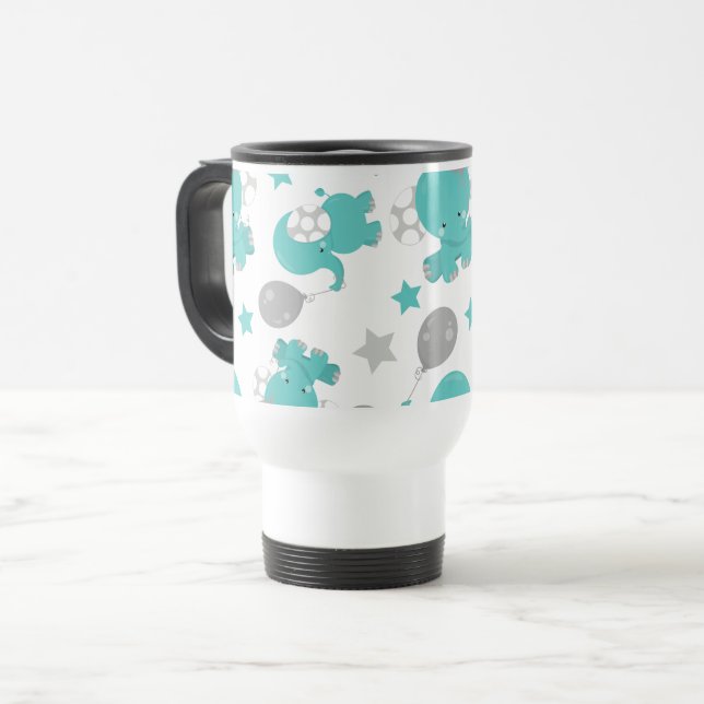 Pattern Of Blue Elephants, Cute Elephants, Stars Travel Mug (Front Left)