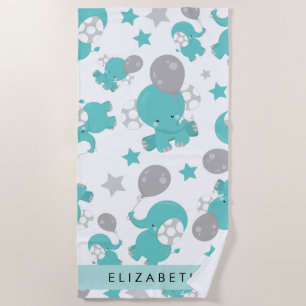 Pattern Of Blue Elephants, Stars, Your Name Beach Towel