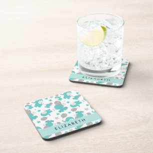 Pattern Of Blue Elephants, Stars, Your Name Coaster