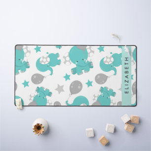 Pattern Of Blue Elephants, Stars, Your Name Desk Mat