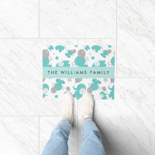Pattern Of Blue Elephants, Stars, Your Name Doormat