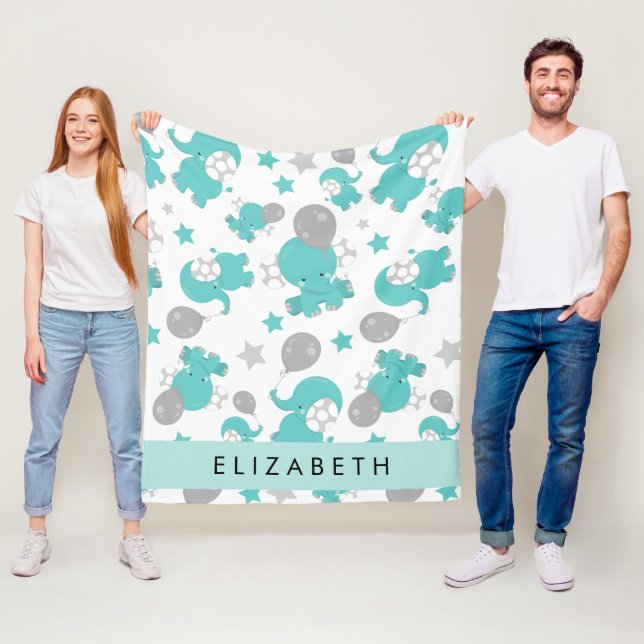 Pattern Of Blue Elephants, Stars, Your Name Fleece Blanket (In Situ)