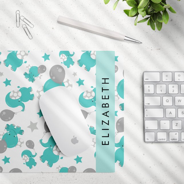 Pattern Of Blue Elephants, Stars, Your Name Mouse Pad (Creator Uploaded)