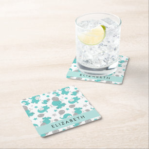 Pattern Of Blue Elephants, Stars, Your Name Square Paper Coaster