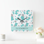 Pattern Of Blue Elephants, Stars, Your Name Square Wall Clock<br><div class="desc">Cute,  fun and adorable pattern with blue elephants,  balloons and stars. Modern and trendy gift,  perfect for the elephant lover in your life. Personalise by adding your name,  nickname,  monogram or initials.</div>