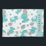 Pattern Of Blue Elephants, Stars, Your Name Tea Towel<br><div class="desc">Cute,  fun and adorable pattern with blue elephants,  balloons and stars. Modern and trendy gift,  perfect for the elephant lover in your life. Personalise by adding your name,  nickname,  monogram or initials.</div>