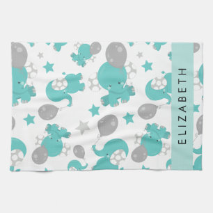 Pattern Of Blue Elephants, Stars, Your Name Tea Towel