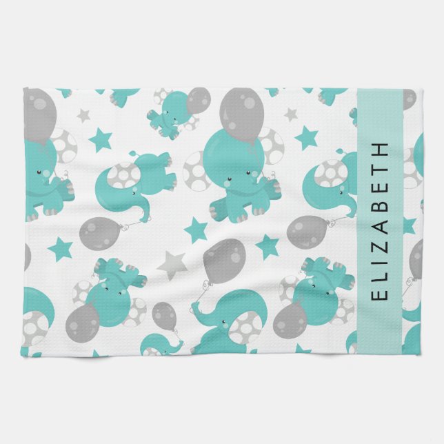 Pattern Of Blue Elephants, Stars, Your Name Tea Towel (Horizontal)