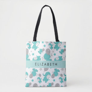 Pattern Of Blue Elephants, Stars, Your Name Tote Bag