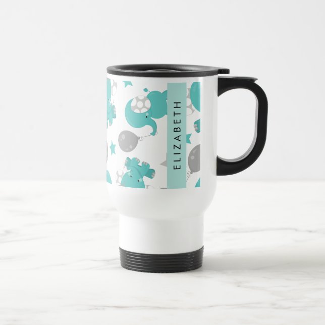 Pattern Of Blue Elephants, Stars, Your Name Travel Mug (Right)