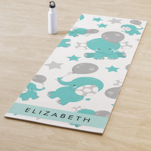 Pattern Of Blue Elephants, Stars, Your Name Yoga Mat