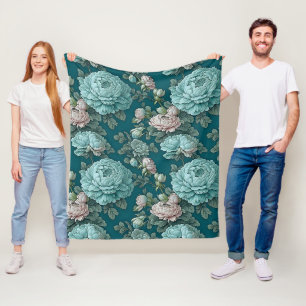 Pattern of Blue Peonies on a Green Background Fleece Blanket