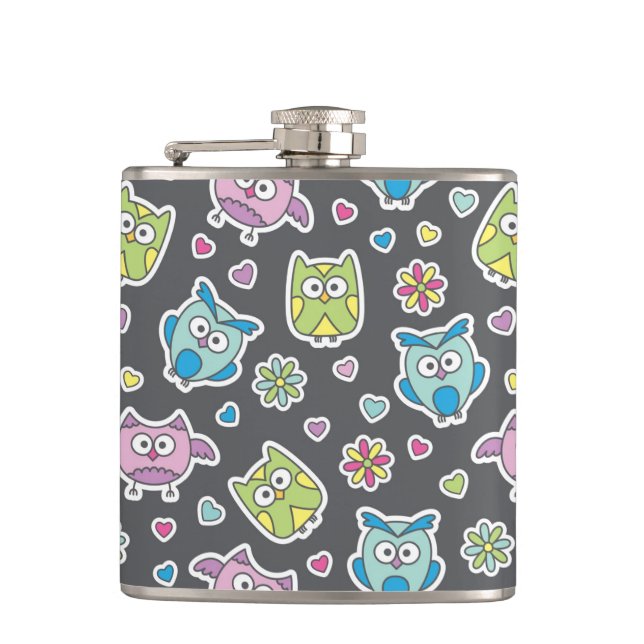 pattern of cartoon owls hip flask (Front)