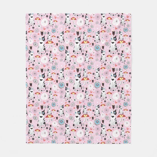 pattern of cats and flowers fleece blanket (Front)