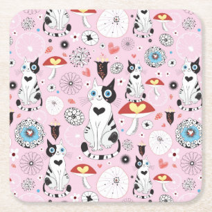 pattern of cats and flowers square paper coaster