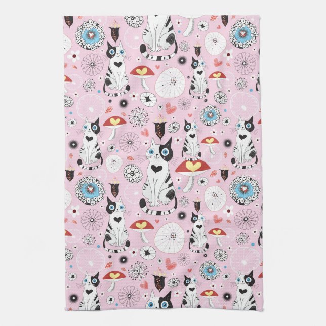pattern of cats and flowers tea towel (Vertical)