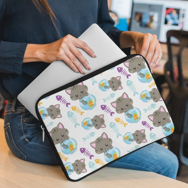 Pattern Of Cats, Cute Cats, Kittens, Fish Laptop Sleeve (Creator Uploaded)