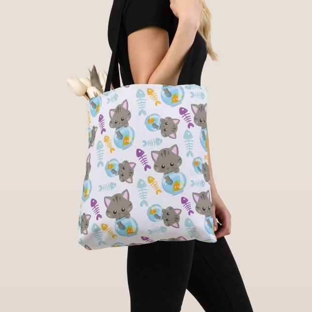 Pattern Of Cats, Cute Cats, Kittens, Fish Tote Bag (Close Up)