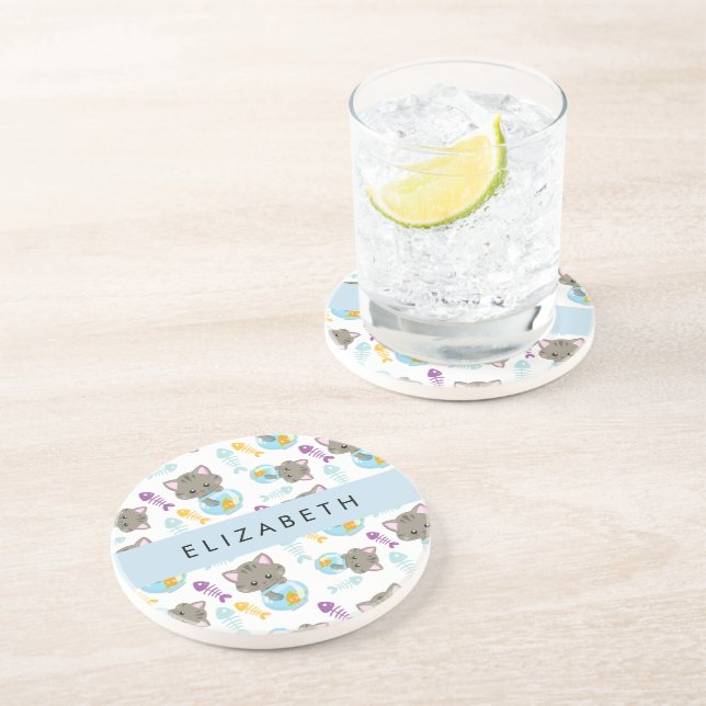 Pattern Of Cats, Cute Cats, Kittens, Your Name Coaster (Side)