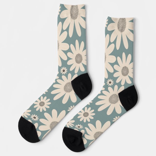 Pattern of chamomile flowers on a soft green socks (Left)