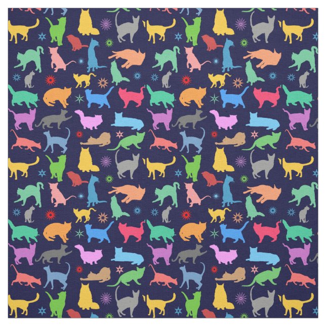 Pattern Of Colourful Cats. Navy Blue Background Fabric (Swatch)