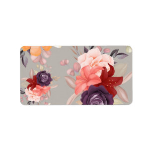 Pattern of colourful flowers including roses label