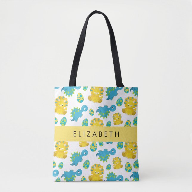 Pattern Of Dinosaurs, Cute Dinosaurs, Your Name Tote Bag (Front)