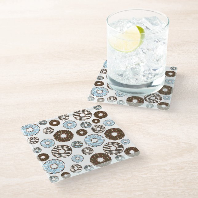 Pattern Of Doughnuts, Blue Doughnuts, Brown Doughn Glass Coaster (Angled)
