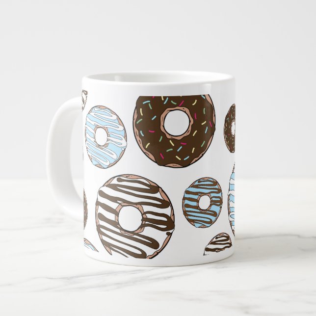 Pattern Of Doughnuts, Blue Doughnuts, Brown Doughn Large Coffee Mug (Front Left)