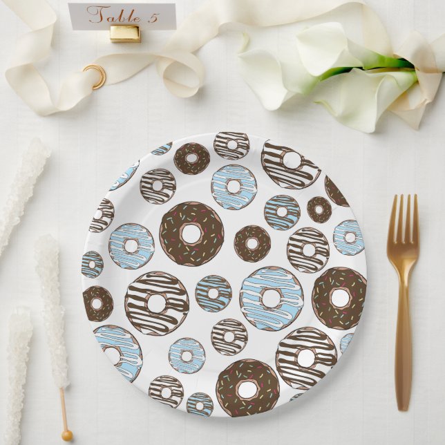 Pattern Of Doughnuts, Blue Doughnuts, Brown Doughn Paper Plate (Wedding)
