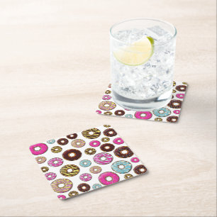 Pattern Of Doughnuts, Colourful Doughnuts, Sprinkl Square Paper Coaster