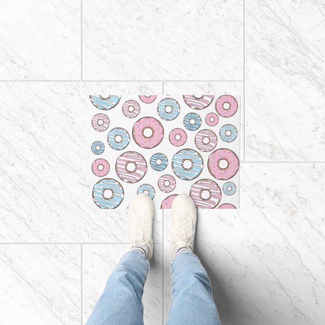 Pattern Of Doughnuts, Pink Doughnuts, Blue Doughnu Doormat (Indoor)