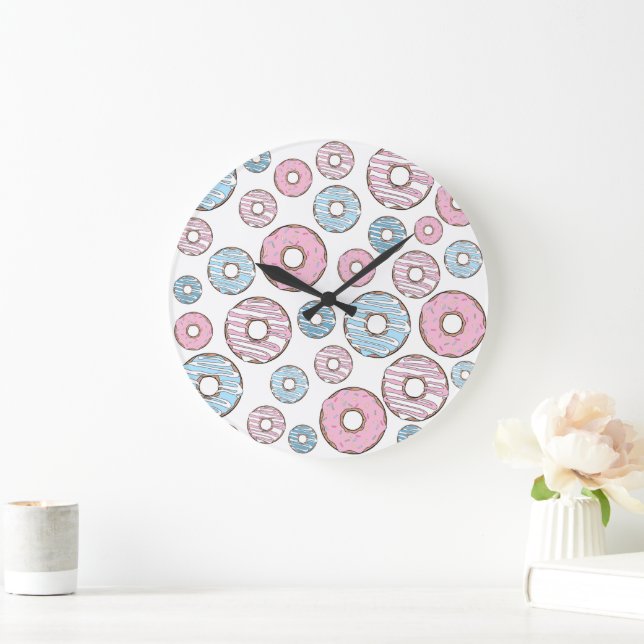Pattern Of Doughnuts, Pink Doughnuts, Blue Doughnu Large Clock (Home)
