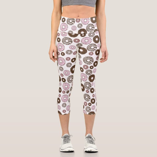 Pattern Of Doughnuts, Pink Doughnuts, Brown Doughn Capri Leggings (Front)