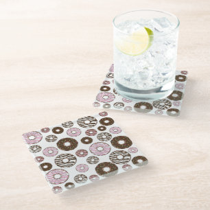 Pattern Of Doughnuts, Pink Doughnuts, Brown Doughn Glass Coaster