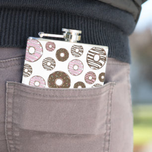 Pattern Of Doughnuts, Pink Doughnuts, Brown Doughn Hip Flask