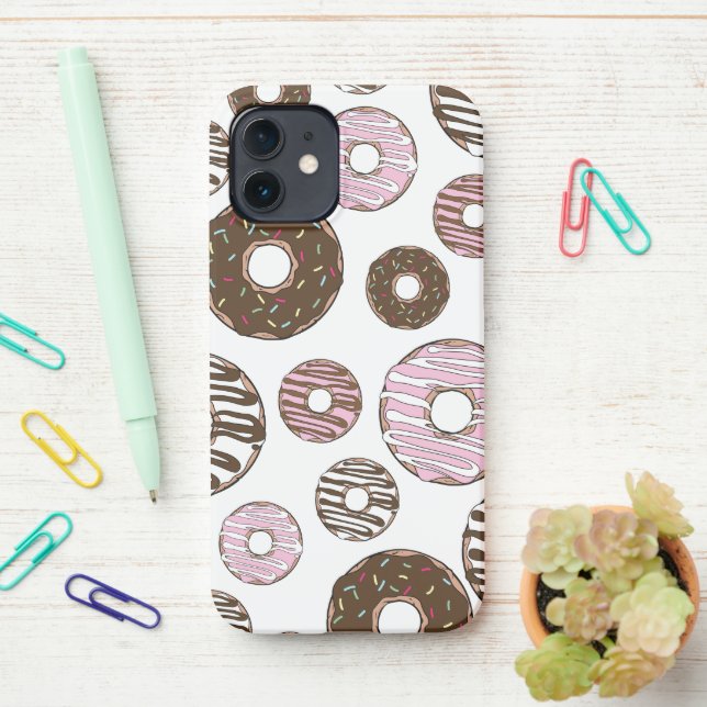 Pattern Of Doughnuts, Pink Doughnuts, Brown Doughn iPhone Case (On Desk)
