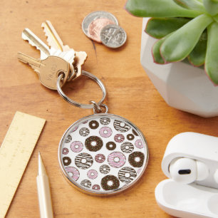 Pattern Of Doughnuts, Pink Doughnuts, Brown Doughn Key Ring