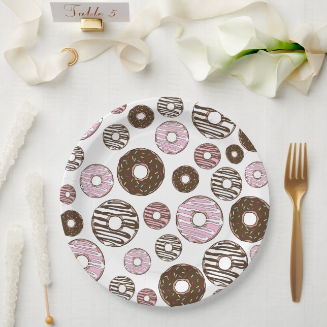 Pattern Of Doughnuts, Pink Doughnuts, Brown Doughn Paper Plate (Wedding)