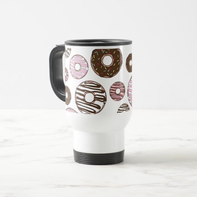 Pattern Of Doughnuts, Pink Doughnuts, Brown Doughn Travel Mug (Front Left)
