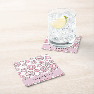 Pattern Of Doughnuts, Pink Doughnuts, Icing, Your Square Paper Coaster