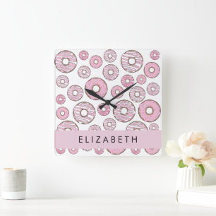 Pattern Of Doughnuts, Pink Doughnuts, Icing, Your Square Wall Clock