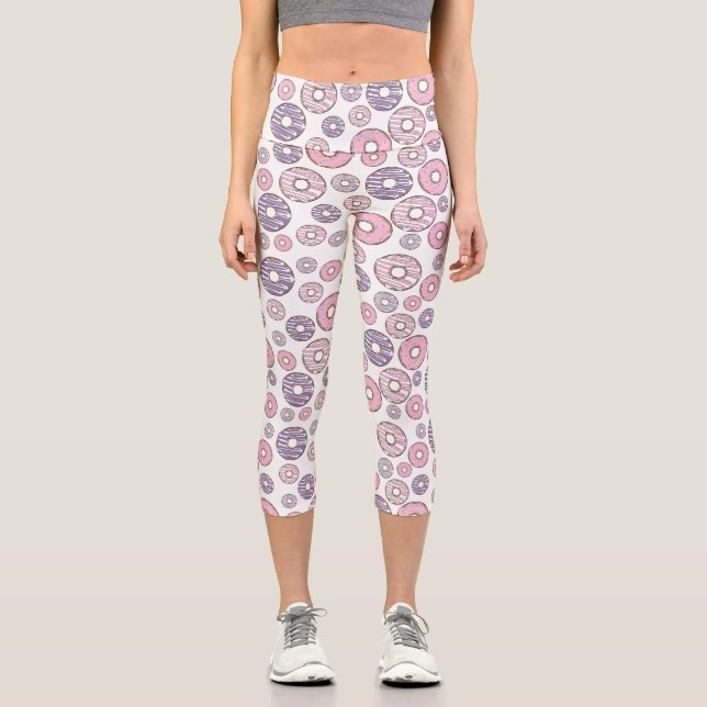 Pattern Of Doughnuts, Pink Doughnuts, Purple Dough Capri Leggings (Front)