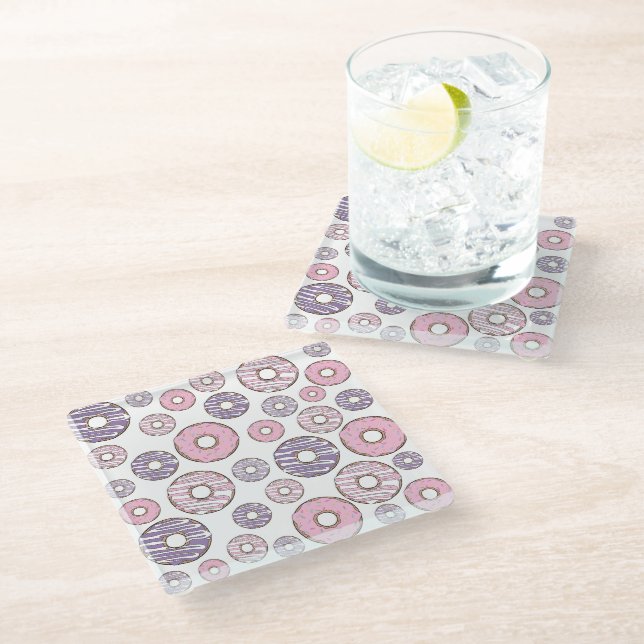 Pattern Of Doughnuts, Pink Doughnuts, Purple Dough Glass Coaster (Angled)