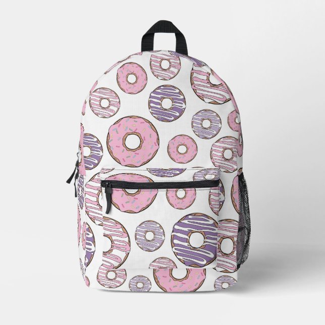 Pattern Of Doughnuts, Pink Doughnuts, Purple Dough Printed Backpack (Front)
