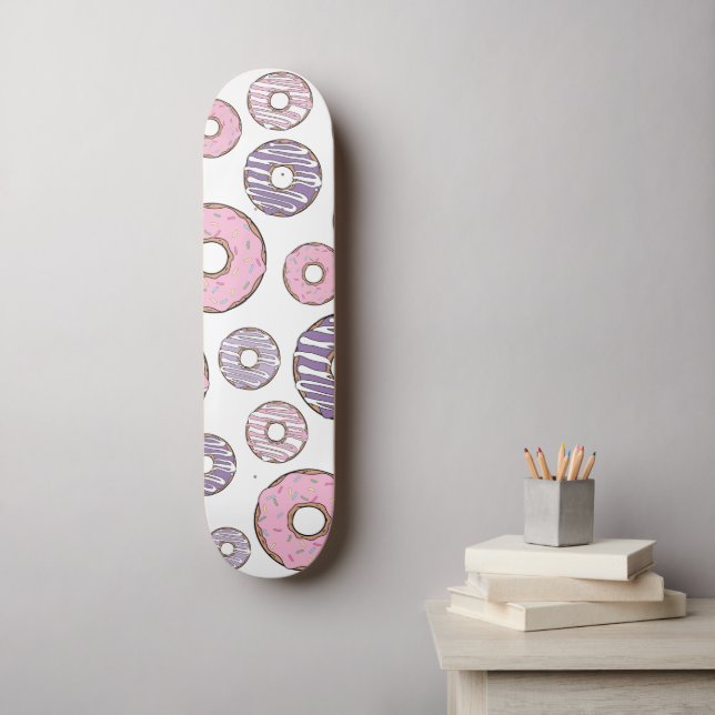 Pattern Of Doughnuts, Pink Doughnuts, Purple Dough Skateboard (Wall Art)