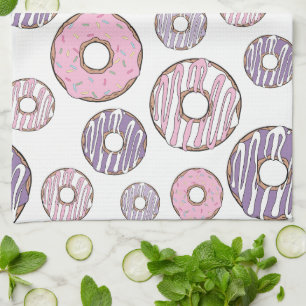 Pattern Of Doughnuts, Pink Doughnuts, Purple Dough Tea Towel