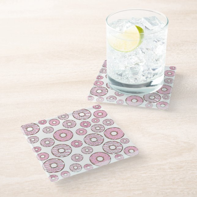Pattern Of Doughnuts, Pink Doughnuts, Sprinkles Glass Coaster (Angled)