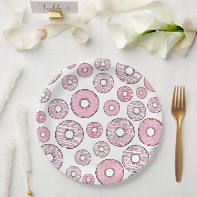 Pattern Of Doughnuts, Pink Doughnuts, Sprinkles Paper Plate (Wedding)