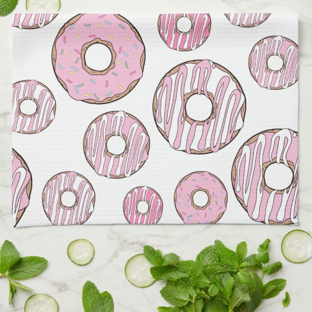 Pattern Of Doughnuts, Pink Doughnuts, Sprinkles Tea Towel (Folded)